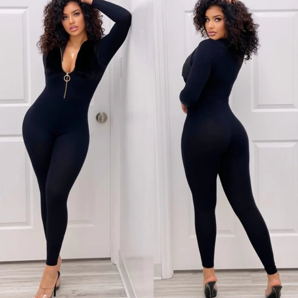 THEA FRONT ZIPPER LONG SLEEVE JUMPSUIT - BLACK